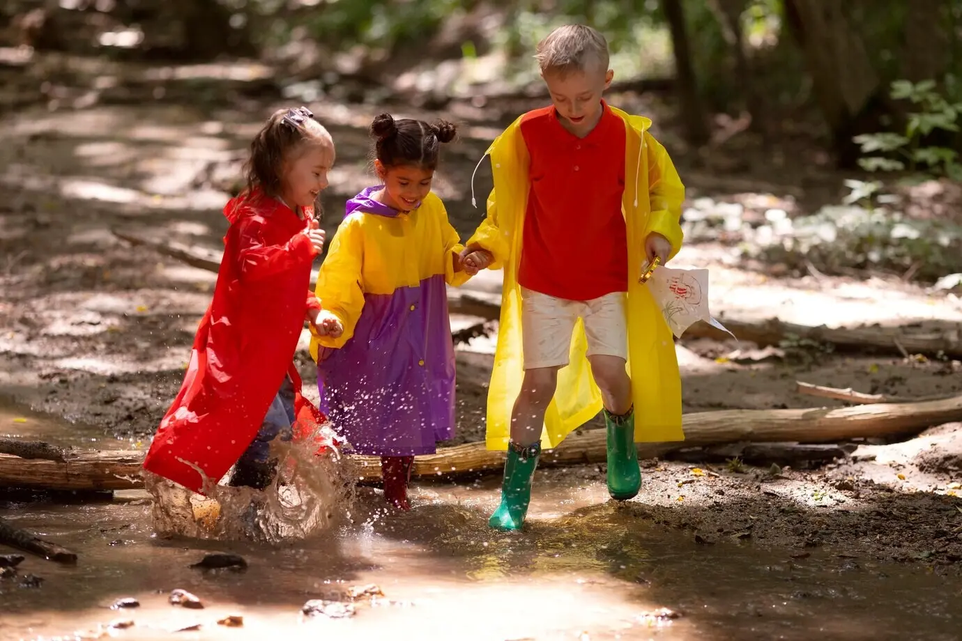 Любопытные дети, участвующие в поисках сокровищ в лесу.